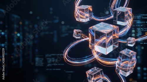 3D digital blockchain network cubes connected in a futuristic technology concept