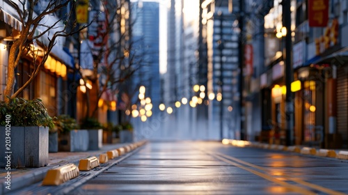 Serene Market Street Scene with Muted Blue Storefronts and Cool Empty Atmosphere in Urban Setting