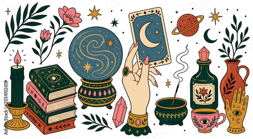 Esoteric magic icons set. Mystical symbols and occult elements. Fortune telling, astrology, witchcraft. Hand-drawn doodle style