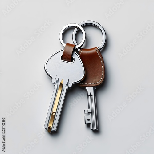 Two metallic keys with brown leather fobs attached to silver rings