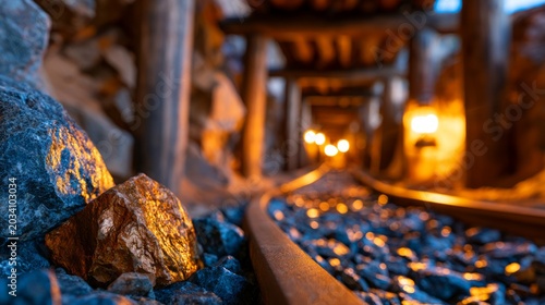 Abandoned Gold Mine Corridor Illuminated by Warm Lights at Midnight with Rocky Terrain in Background