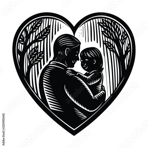 Black and white heart shaped illustration, father holding baby, woodcut style, monochrome vector graphic