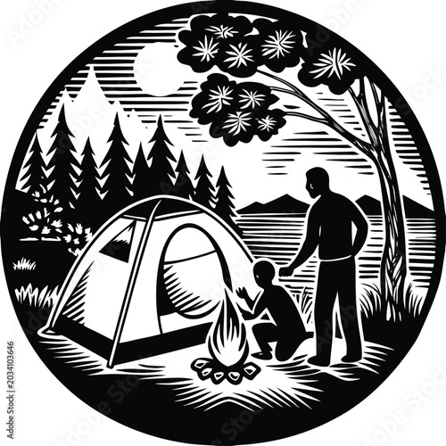 Camping, outdoor adventure, family fun, vector illustration, black and white