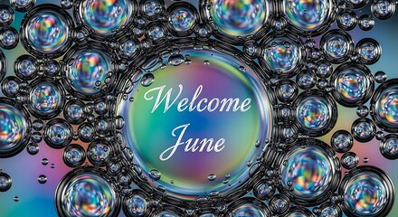 Welcome June greeting card with floral and butterfly design.
