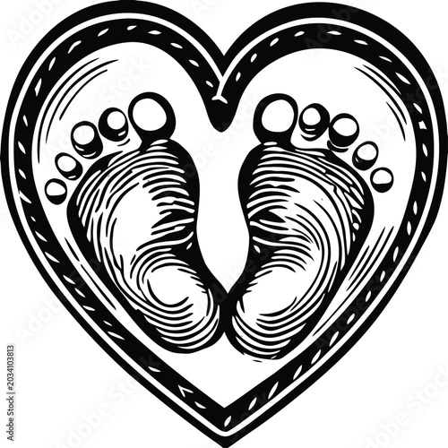 Baby feet, heart shape, black and white illustration, vector icon, love symbol