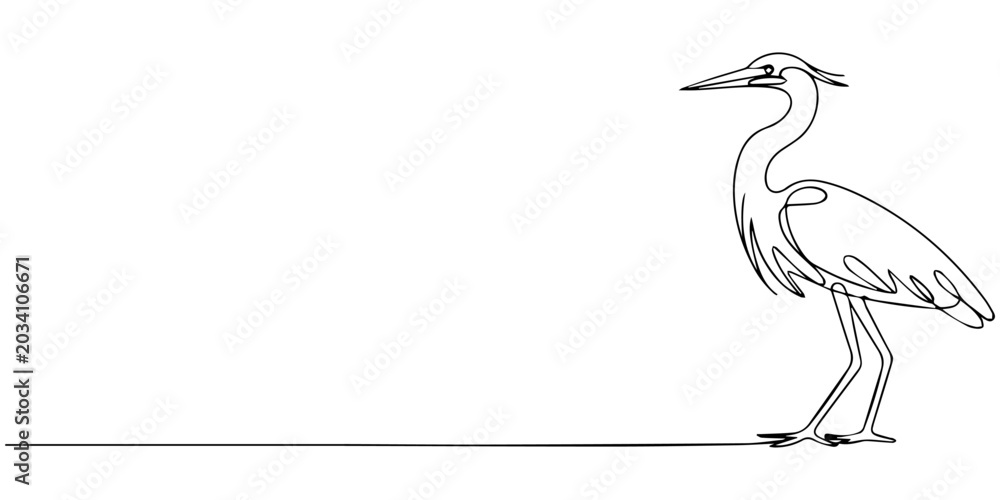 Obraz premium Continuous one line drawing of Heron vector illustration. Editable outline, Heron stork single continuous one line out line vector art drawing on white background, Continuous one single minimal line