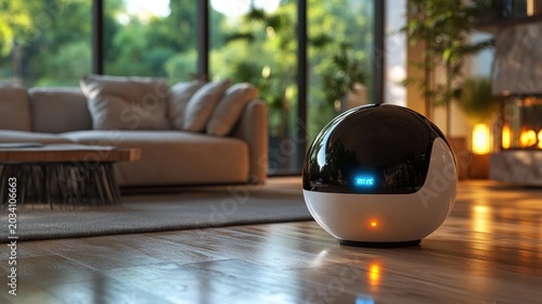 Smart home robot in modern living room with fireplace and large windows