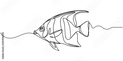 Fotografie tropical fish continuous one line drawing, Tropical angelfish swimming drawn in