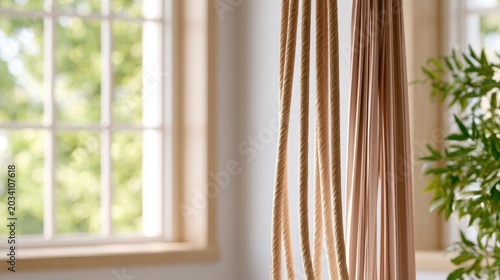 Close-up of a window with a beige curtain hanging in front of it. the curtain is made up of vertical lines that are woven together in a criss-cross pattern, creating a textured look.