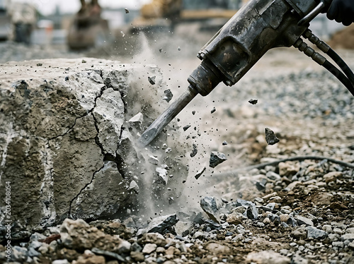 Concrete demolition with a hydraulic breaker in a construction site