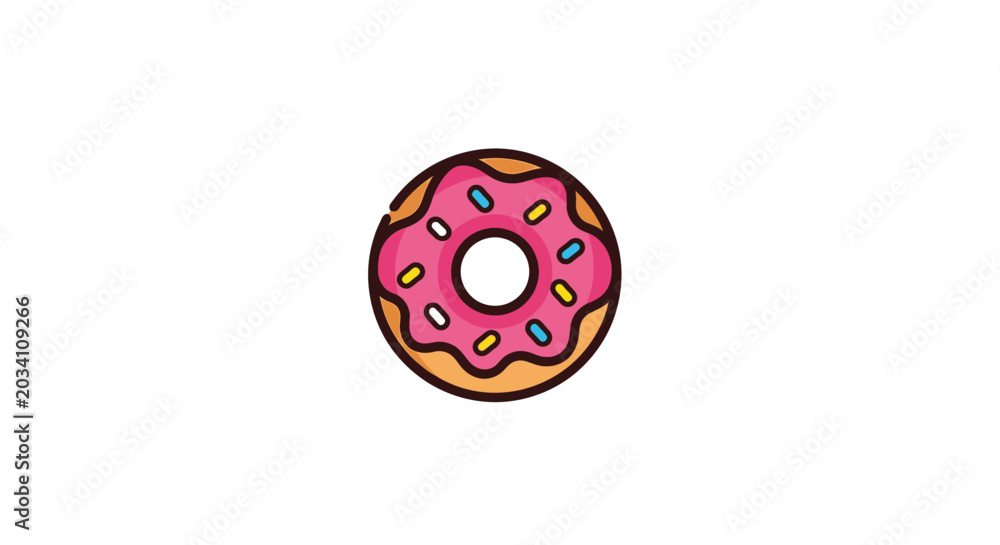 Obraz premium A Delightful Illustrated Donut with Pink Frosting and Colorful Sprinkles on White Background
