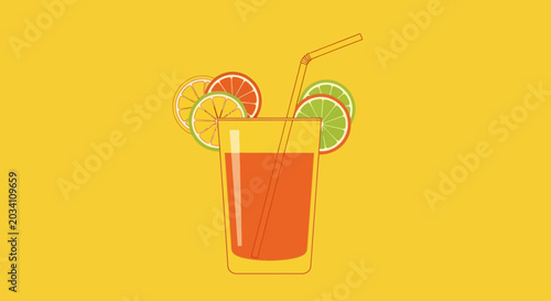 Vibrant illustration of a refreshing citrus juice cocktail with a yellow background