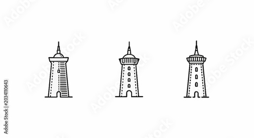 Modern tower and lighthouse icons in linear style