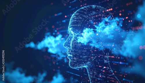 Abstract digital human head profile in a technology cloud