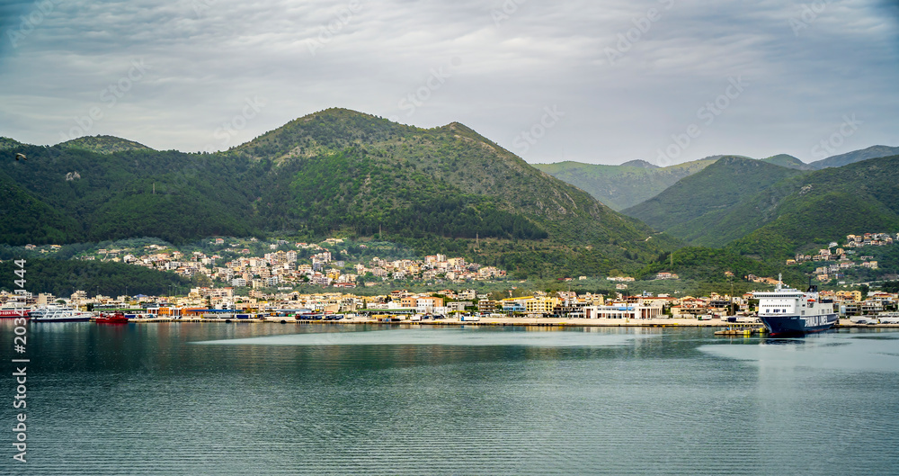 Fototapeta premium The Igoumenitsa Town and harbour view from sea in Greece