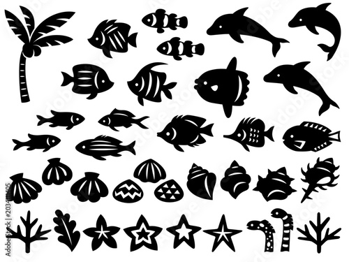 海の生き物のシルエットイラストセット