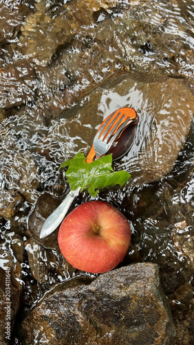 Fresh and healthy apples. Peeled in a clear mountain stream