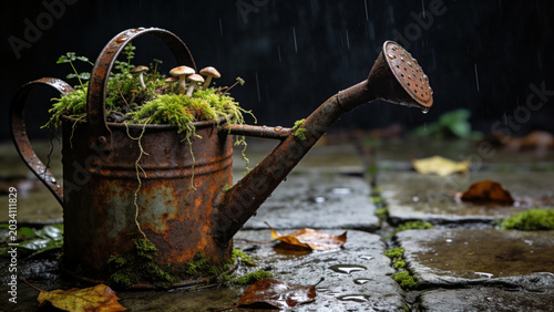 Rusted watering can covered with moss and mushrooms in a rainy setting
