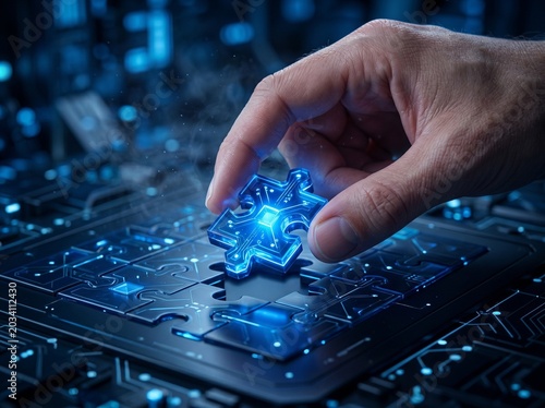 Human hand solving complex data network puzzle with glowing circuitry design