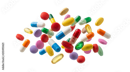 Foto Assorted pharmaceutical medicinal pills capsules and tablets floating mid air isolated on white background png file