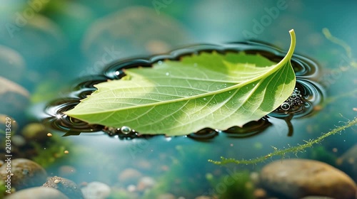 Cinematic macro leaf underwater with gentle flowing currents and soft natural sunlight reflections