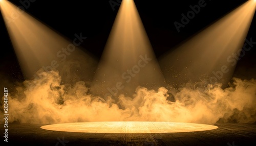 Three spotlights illuminate a stage with billowing fog against a black background