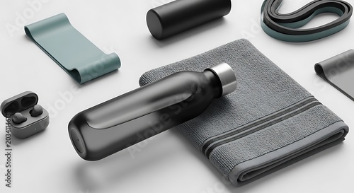 Fitness gear setup with water bottle towel and resistance bands on surface.