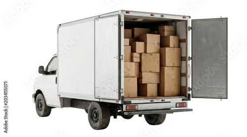 Принти на полотні White delivery truck with open rear doors loaded with cardboard boxes isolated on transparent