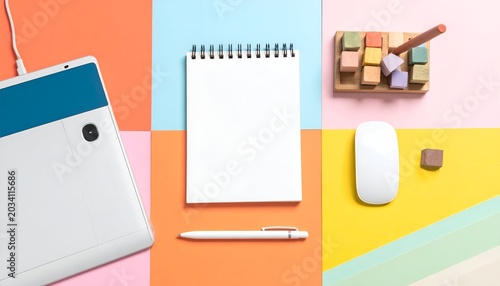 Flat lay of tech/stationery on colorful background tablet, notepad, mouse, blocks, pen