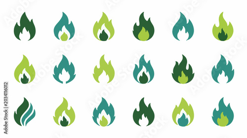 Принти на полотні Green and Teal Flame Icons Set - Energy, Eco-Friendly, and Gas Symbols