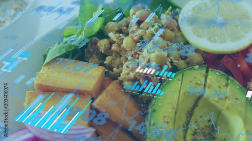 Data overlay appearing, camera panning and zooming to reveal avocado bowl, showing nutrition data