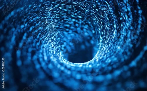 Futuristic nano particles flow in circular motion inside transparent fluid with cinematic biotech glow