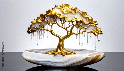 A golden tree sculpture with white marbled agate base, clear dripping accents