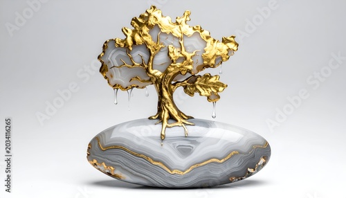 A sculpted tree, gold-plated, atop a marbled stone, with delicate water droplets