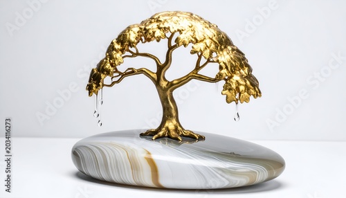 Golden tree sculpture on a striped oval base, with liquid-like golden drips