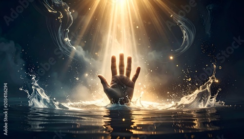 Hand emerging from water, reaching for heavenly light with dynamic water splashes