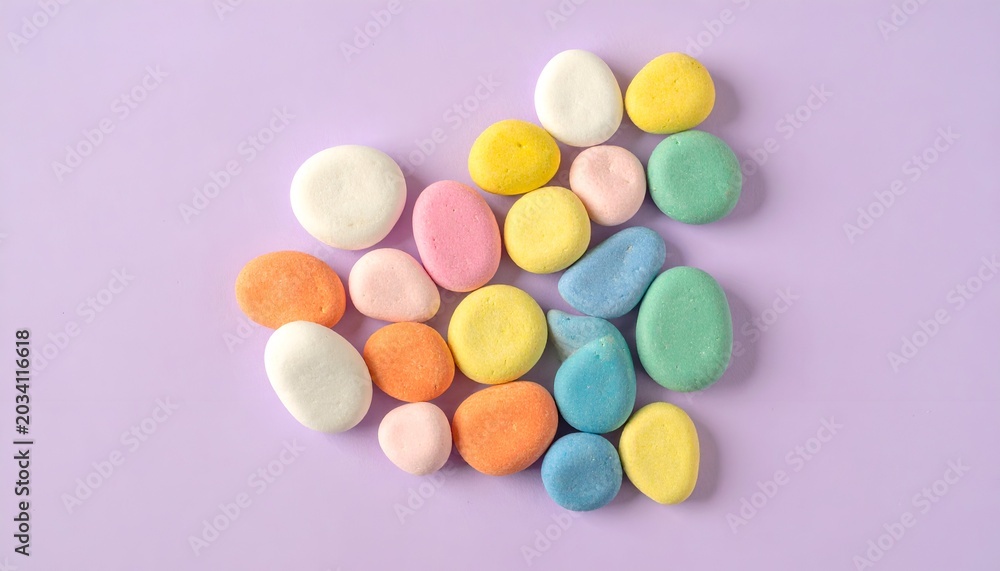 Obraz premium Colorful, rounded, pastel candies arranged on a soft purple background
