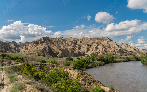 Arid Mountains and Alazani River in Vashlovani National Park of Georgia