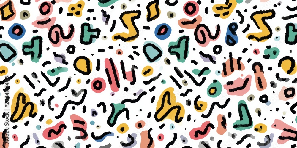 Obraz premium Colorful abstract geometric shapes and lines form a playful pattern.