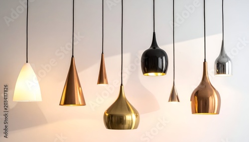 Several modern pendant lights of different shapes and metallic finishes hang against a wall