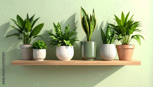Assortment of potted green houseplants on a wooden shelf against a pastel green wall