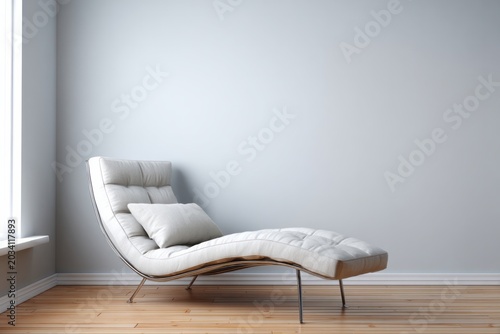 Modern chaise lounge with cushion rests in an empty room.