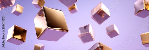 Golden and rose gold cubes float in a soft purple gradient.