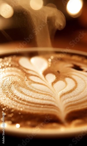 Warm mocha surface with creamy swirl and steam in premium cinematic coffeehouse lighting aesthetic