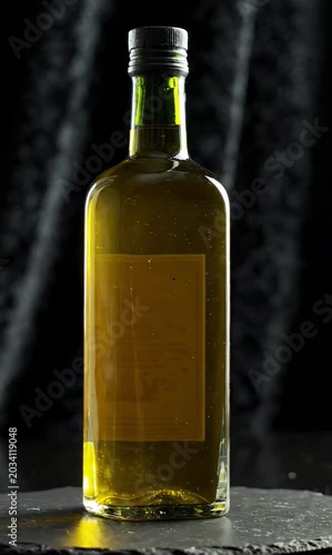 Premium olive oil bottle rotates with glowing golden liquid in elegant cinematic branding atmosphere
