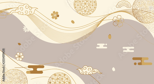 Abstract golden pattern with floral and cloud elements on a beige and gray background