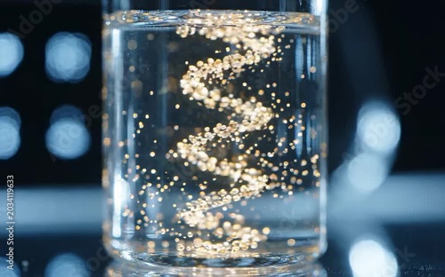 Illuminated particles spiral inside clear serum with luxury scientific cinematic macro motion aesthetic visualization
