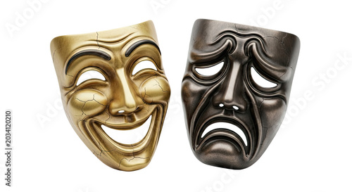 Comedy and tragedy theater masks isolated on transparent background for dramatic performance art