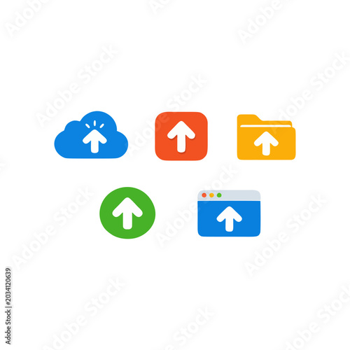 Colorful data upload icon set featuring five different cloud and arrow button designs, including cloud upload, folder export, and interface window backup shortcuts. 