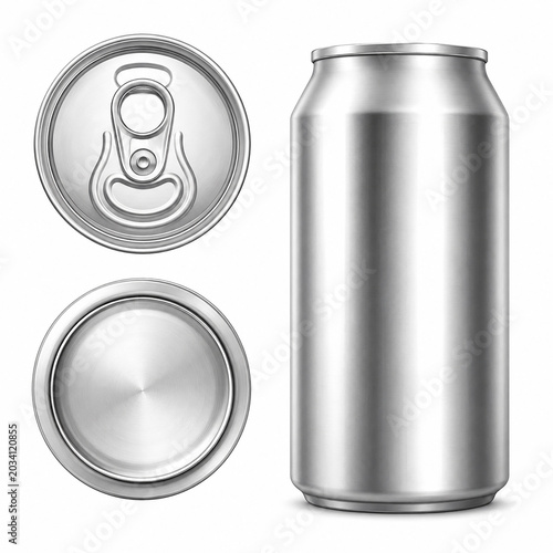 Foto Blank aluminum soda can mockup isolated on white background, top and bottom view